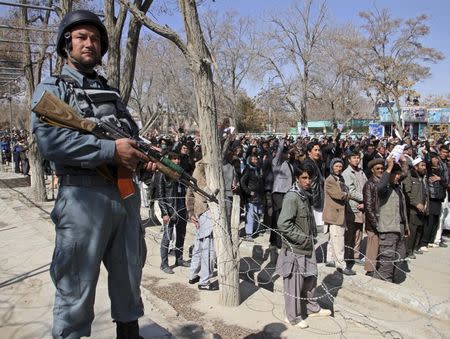 Ethnic Hazara demonstrators gather in a protest demanding action to rescue Hazaras kidnapped from a bus by masked men who many believe are influenced by Islamic State, in Ghazni March 17, 2015. REUTERS/Mustafa Andaleb