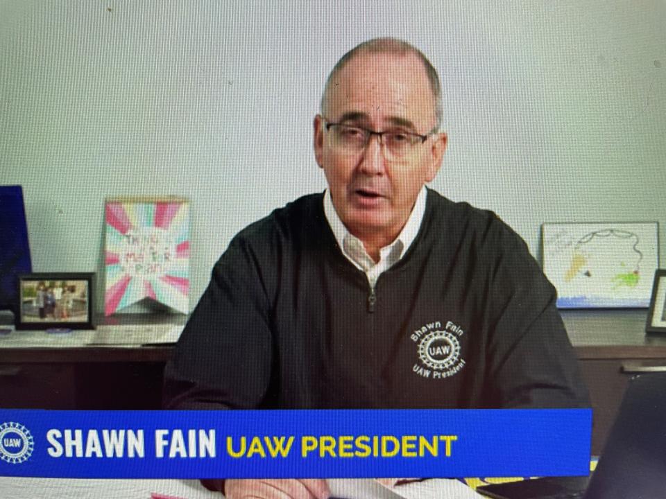 UAW President Shawn Fain speaks to members during a Facebook and YouTube live meeting on June 16, 2023.