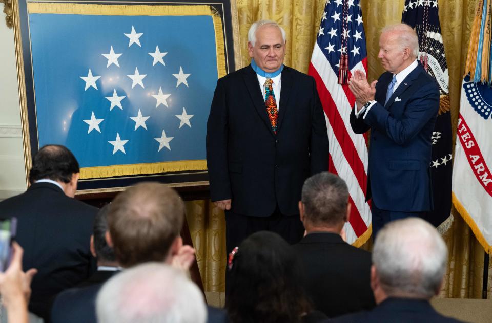 US President Joe Biden awards the Medal of Honor to retired US Army Spc. Five Dwight W. Birdwell for his actions in the Vietnam War.