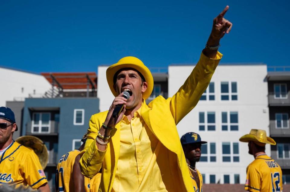 Savanna Bananas owner Jesse Cole talks to the crowd during the march before the Savannah Bananas World Tour on Saturday, July 29, 2023, at Sutter Health Park in West Sacramento. The Bananas have sold out every game since there first season and currently have over 850,000 people on the waitlist for tickets for the World Tour, according to marketing director Kara Heater.