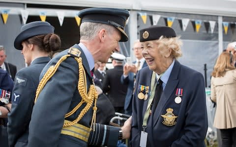 British Royal Air Force Chief of the Air Staff Sir Stephen Hillier chats to veteran Bessie Thomas (R), aged 95 during the commemorations for the 75th Anniversary of the D-Day landings in Southsea Common, Portsmouth - Credit: Photo by Cpl Cathy Sharples /BRITISH MINISTRY OF DEFENCE