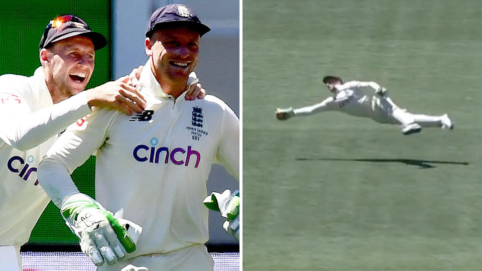 Jos Buttler got the cricket world talking with a spectacular diving effort to dismiss Australian opener Marcus Harris on the first day of the second Ashes Test. Pictures: Getty Images/Fox Sports