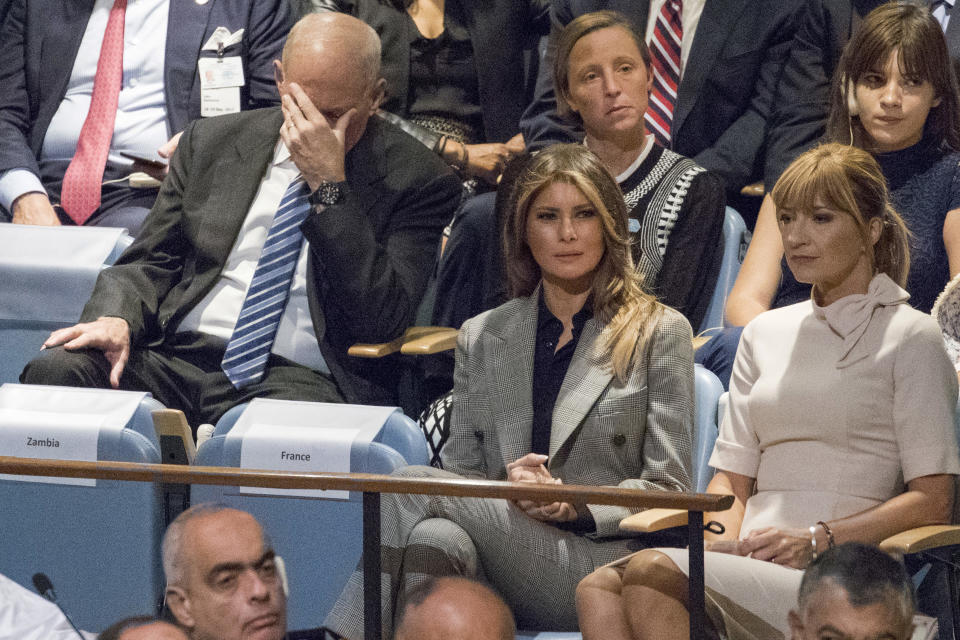 <p>White House Chief of Staff John Kelly, left, reacts as he and first lady Melania Trump listen to President Trump speak during the 72nd session of the United Nations General Assembly at U.N. headquarters, Tuesday, Sept. 19, 2017. (Photo: Mary Altaffer/AP) </p>