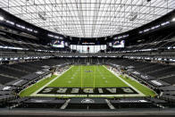 The Las Vegas Raiders kick off to the New Orleans Saints to start an NFL football game, Monday, Sept. 21, 2020, in Las Vegas. (AP Photo/Isaac Brekken)