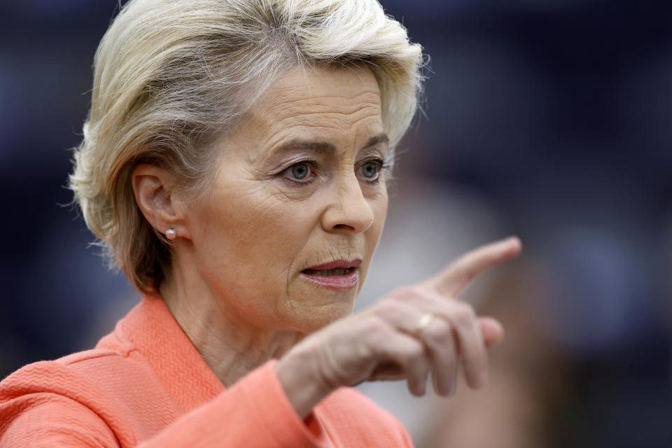European Commission President Ursula von der Leyen gestures as she speaks during a commission on Russia's escalation of its war of aggression against Ukraine, at the European Parliament, Wednesday, Oct. 5, 2022, in Strasbourg, eastern France. (AP Photo/Jean-Francois Badias)