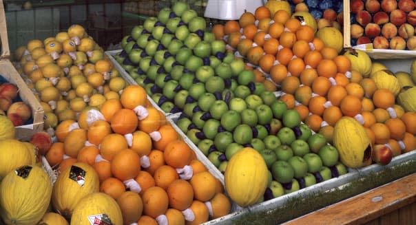 Fruit and vegetable stall, late 20th century