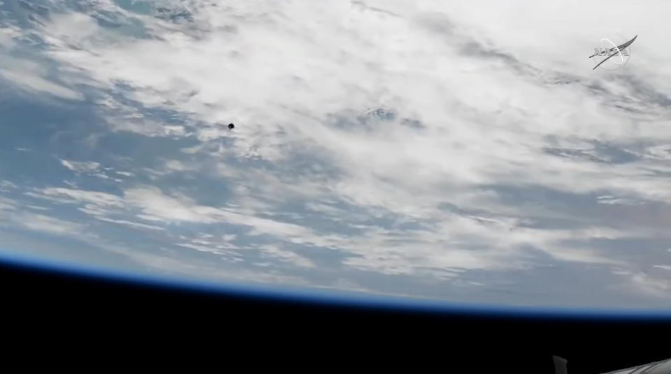 The Soyuz MS-19 spacecraft carrying Russian actress Yulia Peresild, producer-director Klim Shipenko and cosmonaut Anton Shklaperov approaches the International Space Station on Oct. 5, 2021 in this still from station cameras captured during docking operations.