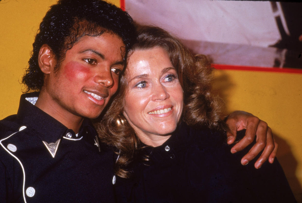 American pop singer Michael Jackson and American actress Jane Fonda celebrate his album 'Thriller' and her workout album going gold, February 1983. (Photo by Frank Edwards/Pictorial Parade/Getty Images)