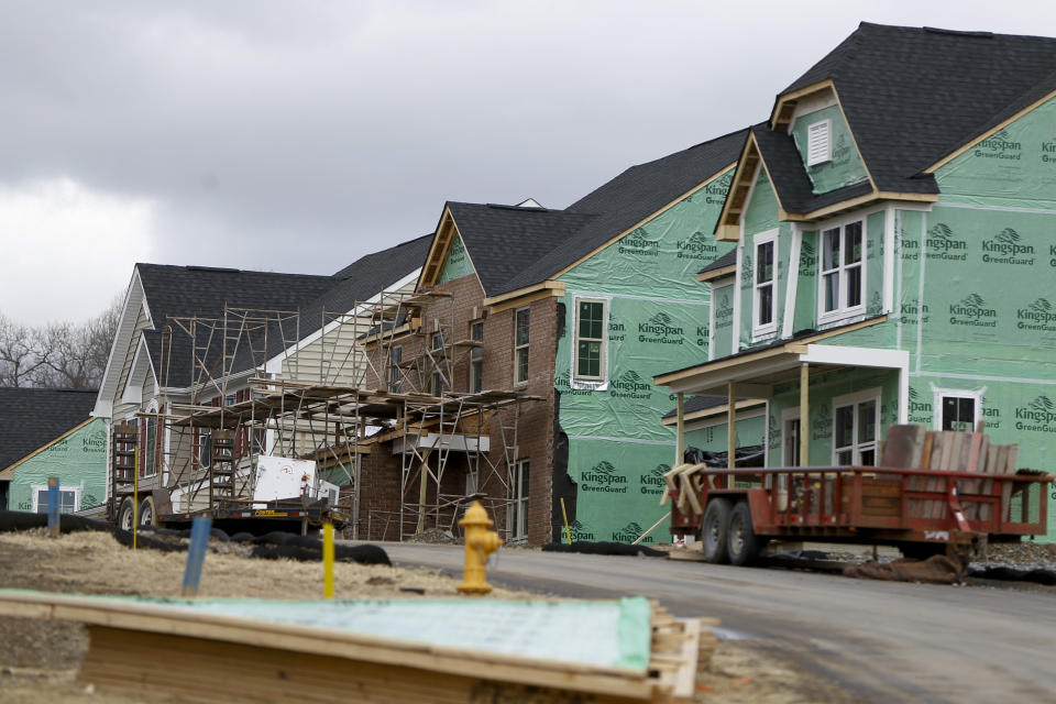 In this Wednesday, March 1, 2017, photo, new home construction is underway in a housing plan in Zelienople, Pa. It’s lining up to be another strong year for investors who own homebuilding stocks as a proxy bet on the health of the U.S. housing market. Housing market trends are expected to remain favorable for builders, but those focusing on first-time buyers could be the safest bet for further gains. (AP Photo/Keith Srakocic)