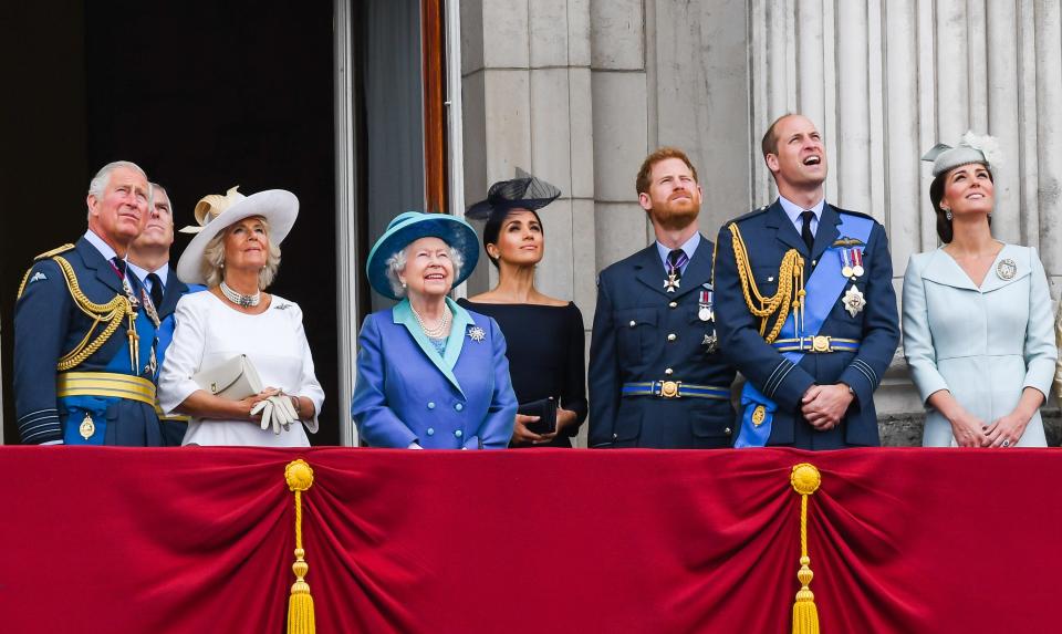 King Charles, Queen Consort Camilla, Prince Andrew, Duke of York, Queen Elizabeth ll, Meghan Markle, Prince Harry, Prince William, and Kate Middleton stand on the balcony of Buckingham Palace on July 10, 2018 in London, England.