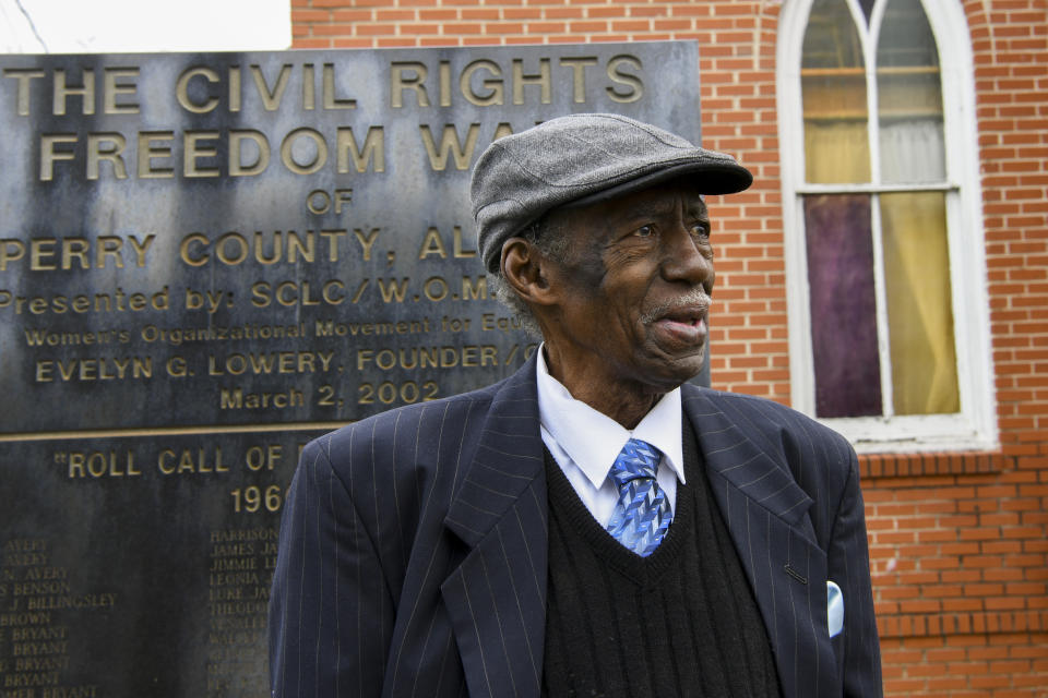 In this Feb. 16, 2020, photo, Elijah Rollins, eye witness to the 1965 death of Jimmie Lee Jackson, recounts the events of that day Jackson was killed in Marion, Ala. (AP Photo/Julie Bennett)