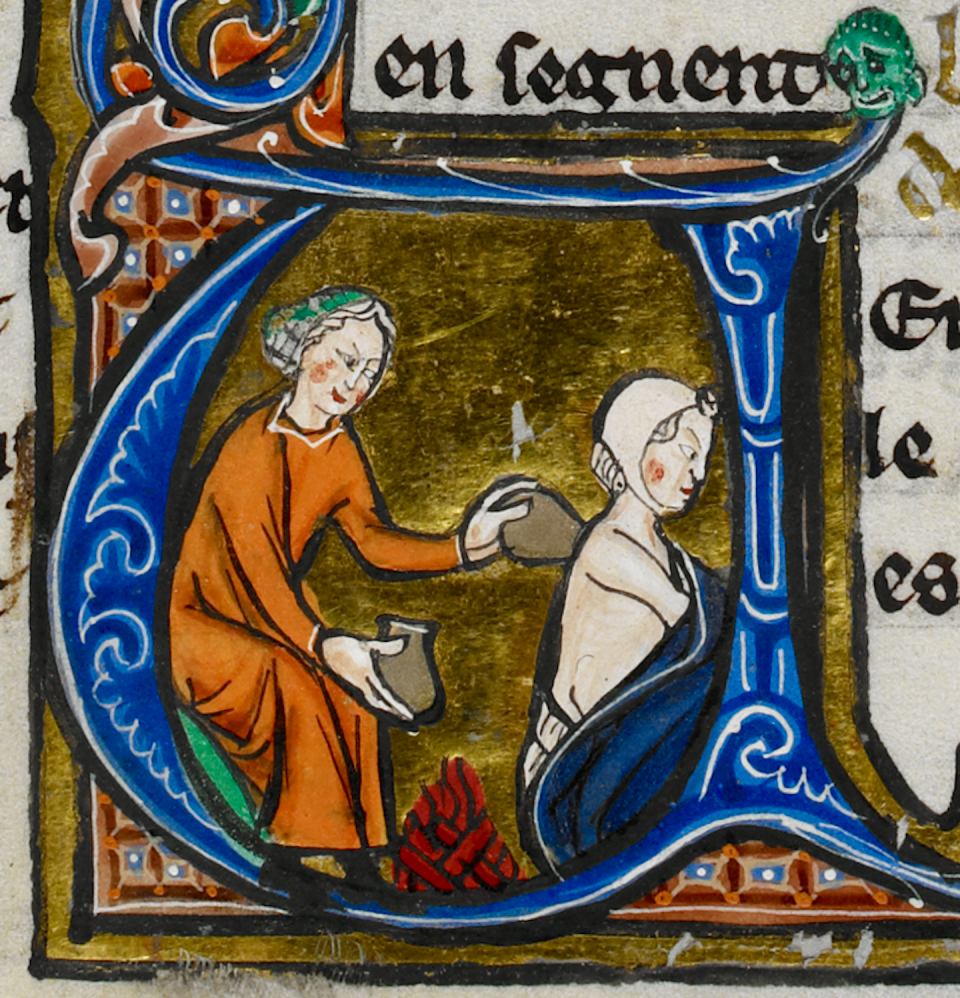 A woman administers cupping treatment. ‘Le Régime du corps,’ circa 1265-70. British Library, MS Sloane 2435. © The British Library Board.