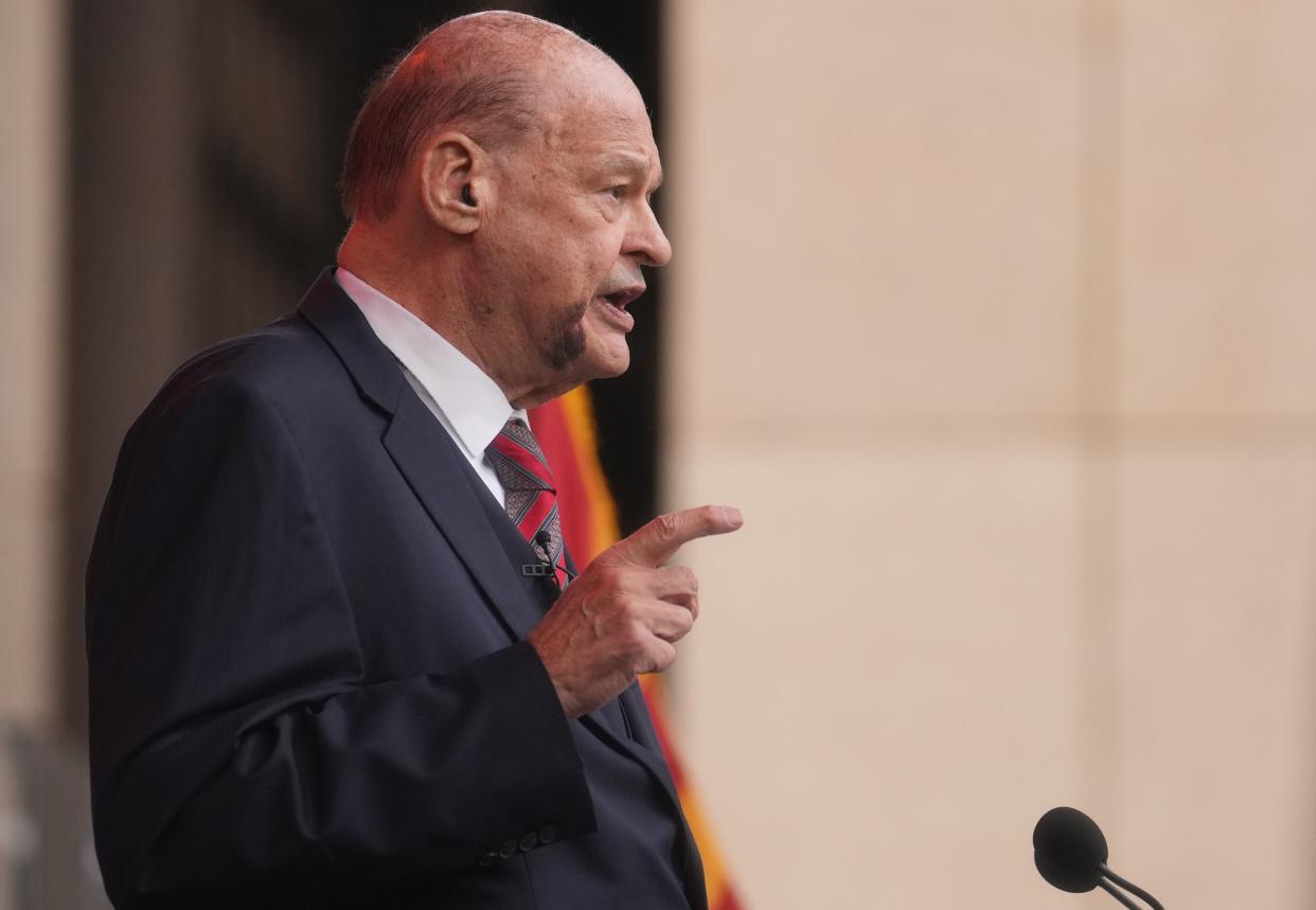 Arizona State Superintendent of Public Instruction Tom Horne speaks during his ceremonial inauguration at the Arizona State Capitol in Phoenix on Thursday, Jan. 5, 2023. 