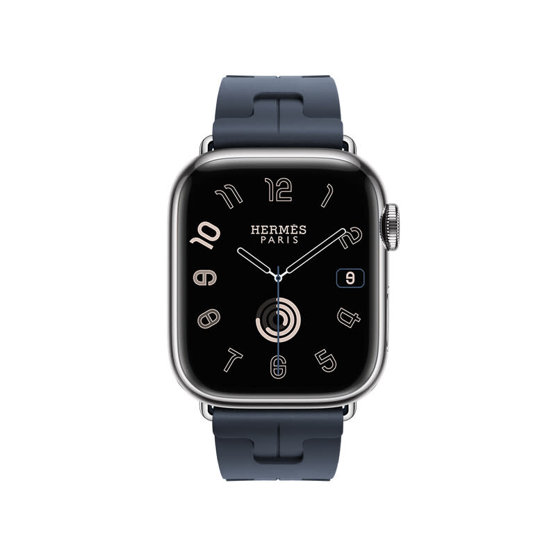 APPLE WATCH HERMES 9系列_41 mm銀色不銹鋼錶殼_海軍藍色 Kilim 橡膠單圈折疊錶釦錶款 _ NT$ 40,900
