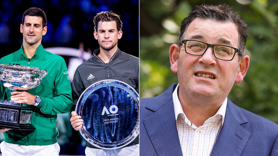 Victorian premier Daniel Andrews is seen here alongside the men's finalists from the 2020 Australian Open.