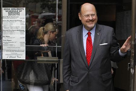New York City Republican mayoral candidate Joe Lhota exits the polling center after voting in the Republican primary election in the Brooklyn borough of New York September 10, 2013. REUTERS/Brendan McDermid