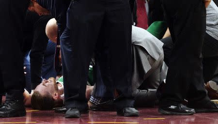 Oct 17, 2017; Cleveland, OH, USA; Boston Celtics forward Gordon Hayward (20) lays on the court after injuring his ankle during the first half against the Cleveland Cavaliers at Quicken Loans Arena. Mandatory Credit: Ken Blaze-USA TODAY Sports