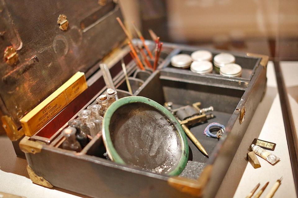 Early tools of the trade for the tattoo artists at the "Loud, Naked & in Three Colors: The History of Tattooing in Boston" exhibit at the Eustis Estate in Milton on Friday, June 10, 2022.