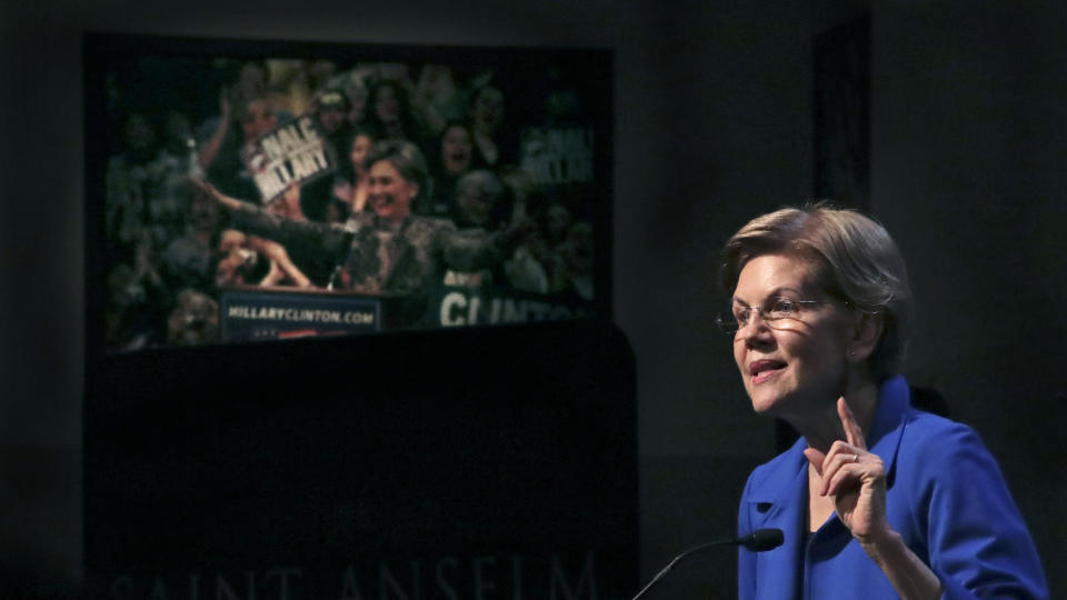 Democratic presidential candidate Sen. Elizabeth Warren, D-Mass., gestures during her address at the New Hampshire Institute of Politics in Manchester, N.H., Thursday, Dec. 12, 2019.(AP Photo/Charles Krupa)