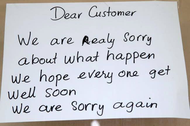This is the letter left on the bakery door after it was shut down for poisoning 150 people in the Sutherland Shire. Photo: Supplied