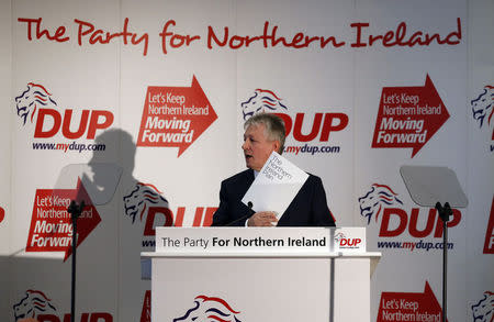 Democratic Unionist Party (DUP) leader Peter Robinson speaks at the party's policy conference in the village of Templepatrick, northern Ireland March 28, 2015. REUTERS/Cathal McNaughton