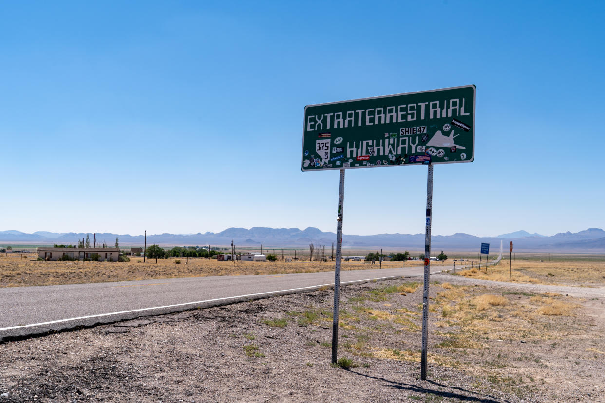 Rachel, Nevada - July 4, 2018: Landmark sign for the Extraterrestrial Highway is covered in stickers from tourists exploring this stretch of road known for Area 51 and UFO sightings