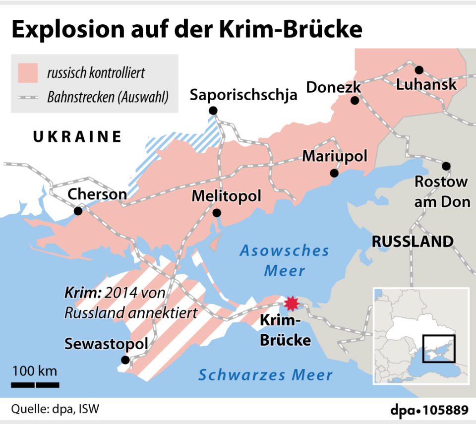 "Explosion auf der Krim-Brücke", Redaktion: B. Schaller, Grafik: B. Bolte