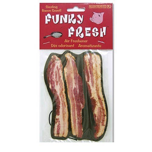 If your bacon-loving friend lives alone, this is a perfect gift.    <a href="http://www.amazon.com/Bacon-Scented-Car-Air-Freshener/dp/B000SSVZLW/ref=sr_1_2?ie=UTF8&qid=1354634414&sr=8-2&keywords=bacon">Amazon.com</a>, <strong>$5.95</strong>