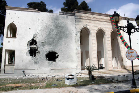 A damaged compound occupied by a Libyan self-declared rival prime minister is seen after it was taken over by armed groups aligned with a U.N.-backed government in heavy fighting, in Tripoli, Libya, March 15, 2017. REUTERS/Hani Amara