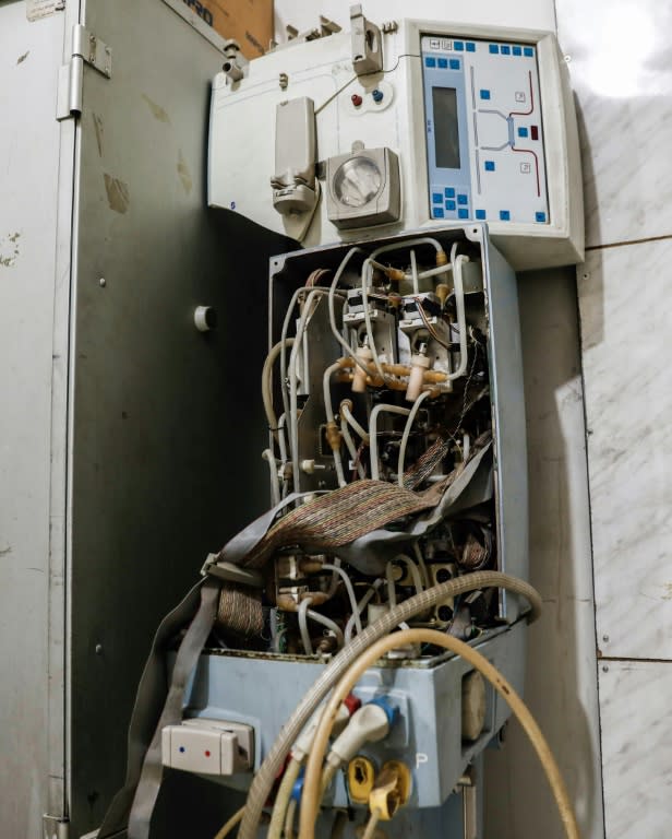 An out-of-service dialysis machine inside a basement-turned-clinic in the rebel-held Syrian town of Douma, on the outskirts of the capital Damascus, pictured on March 16, 2017