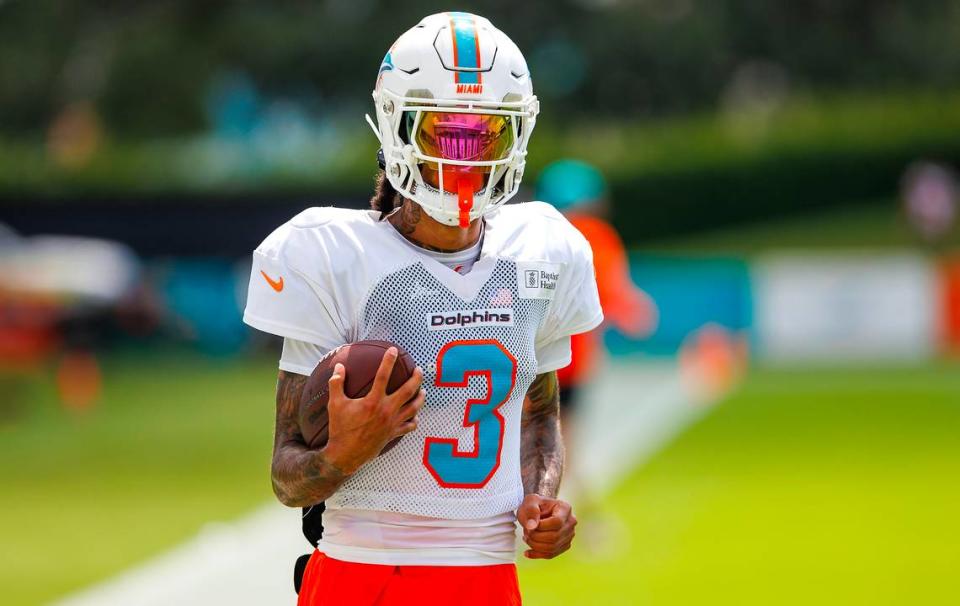 Miami Dolphins wide receiver Robbie Chosen (3) participates in drill during NFL football training camp at Baptist Health Training Complex in Hard Rock Stadium on Thursday, August 3, 2023 in Miami Gardens, Florida.