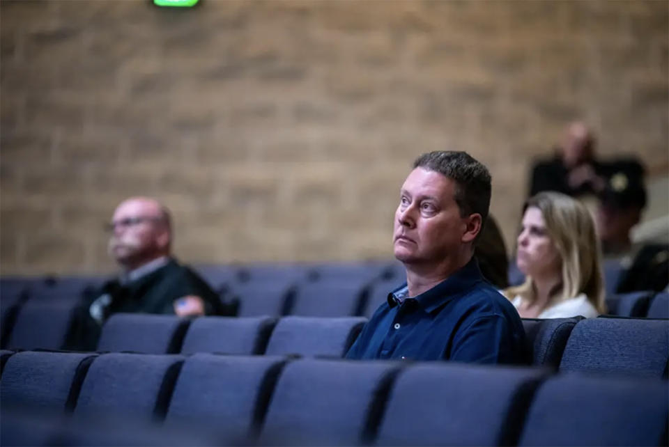 Community members listen to a presentation during a community meeting about vaping and drug use at Smithson Valley High School on Thursday, Feb. 9, 2023 in Spring Branch TX. <cite>(Sergio Flores/The Texas Tribune</cite>)