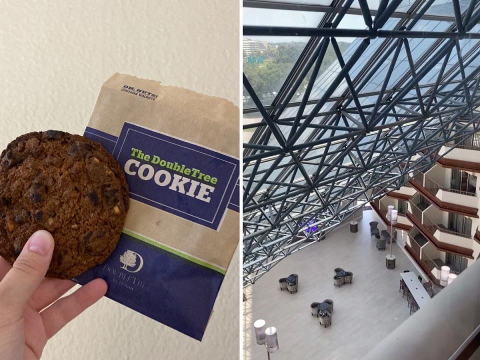 A DoubleTree Hilton cookie (left) and a view of a DoubleTree hotel in Orlando (right).