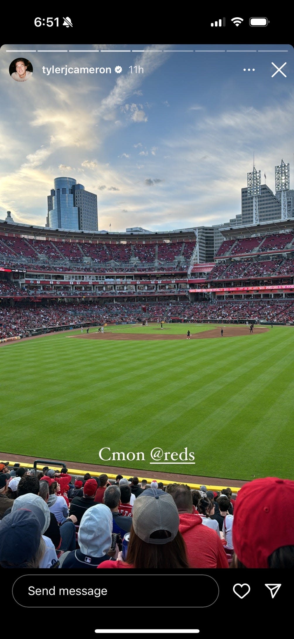 Bachelor Nation fan favorite, Tyler Cameron, posted photos from Great American Ball Park on his Instagram story Friday night.