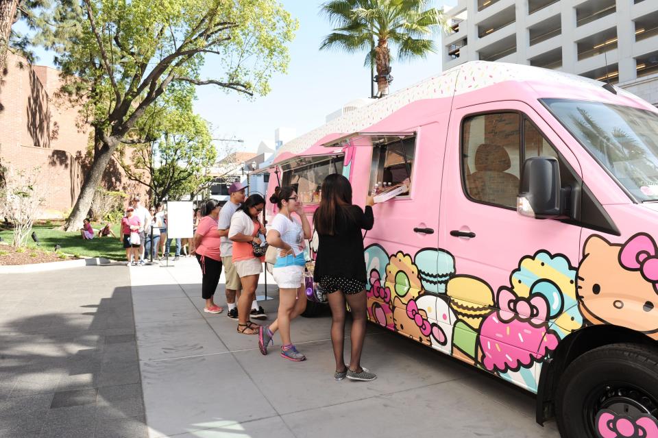 Visitors line up at the Hello Kitty Cafe Truck