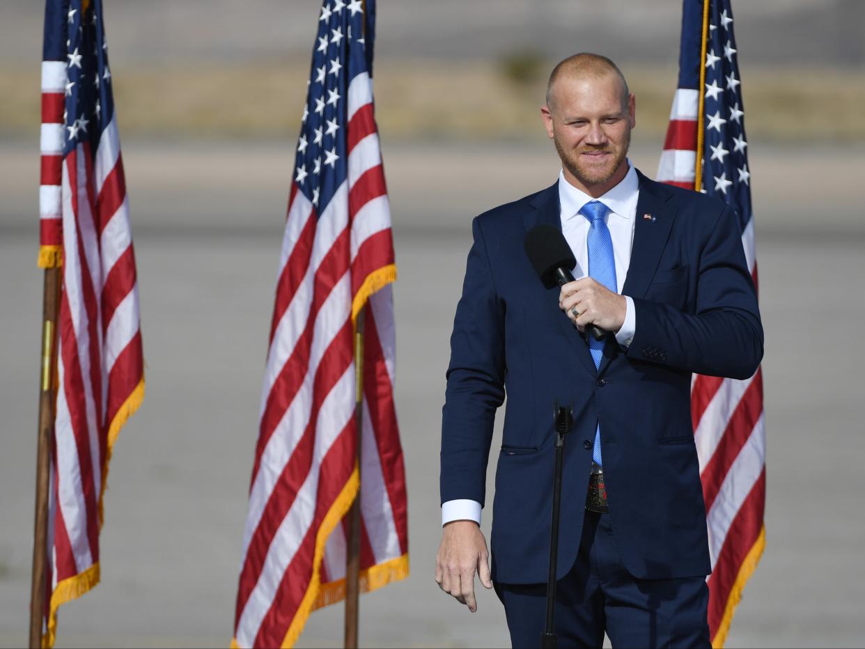 Republican congressional candidate Daniel Rodimer speaks at the Boulder City Airport on October 8, 2020 in Nevada.  (Getty Images)