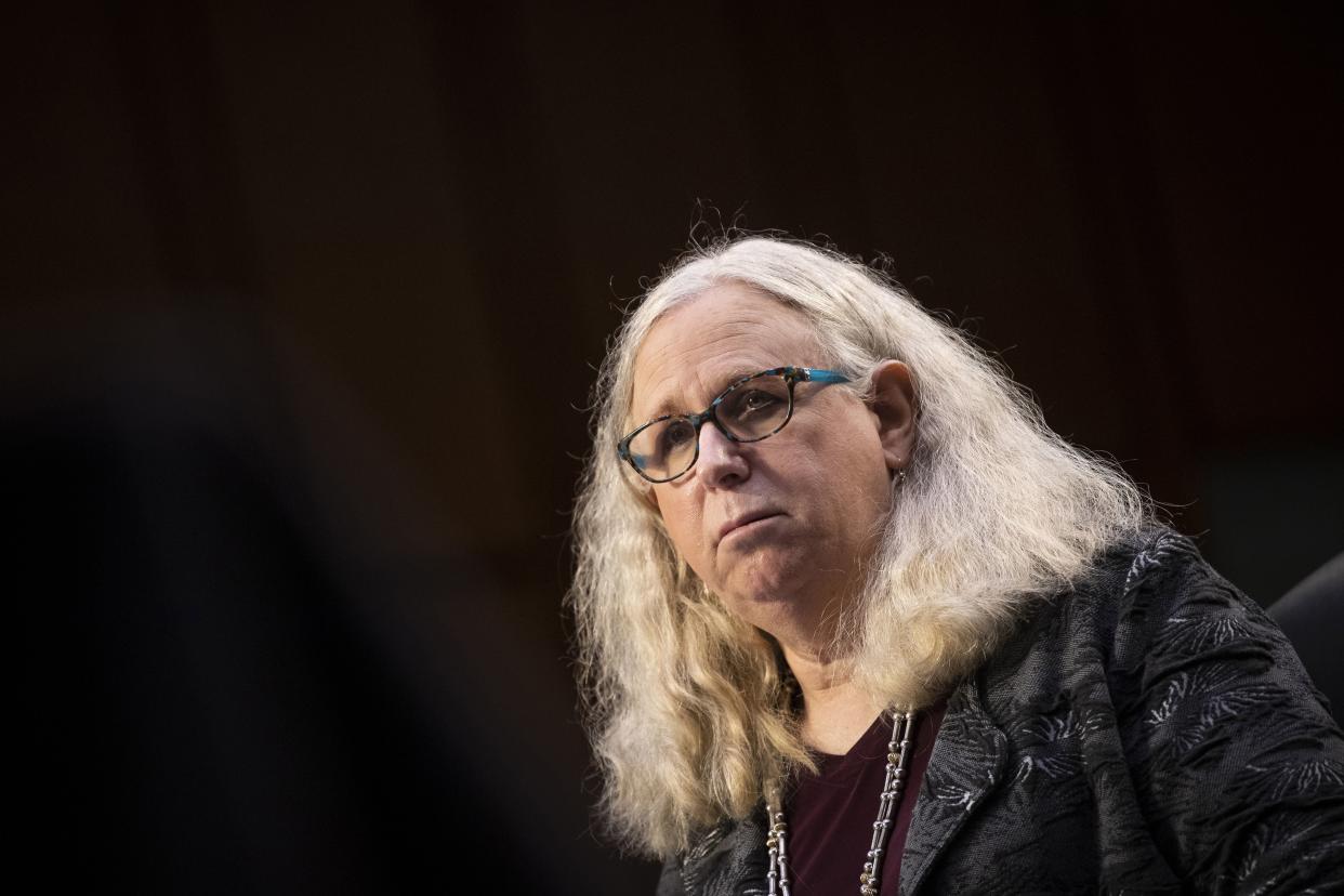 Rachel Levine, nominated to be an assistant secretary at the Department of Health and Human Services, testifies before the Senate Health, Education, Labor, and Pensions committee on Capitol Hill in Washington on Thursday, Feb. 25, 2021.