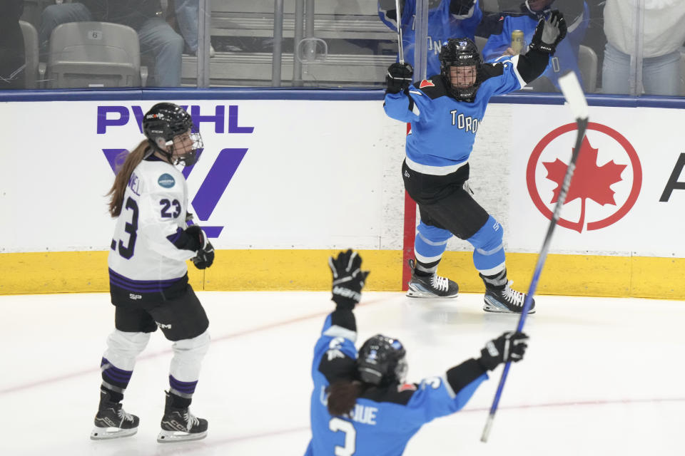 Toronto's Emma Maltais celebrates after scoring against Minnesota during the second period of Game 1 of a PWHL hockey playoffs semifinal Wednesday, May 8, 2024, in Toronto. (Chris Young/The Canadian Press via AP)