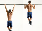 Hang from the bar with your hands slightly wider than shoulder-width apart. (Use an overhand grip for the pull-up and an underhand grip for the chin-up.) Pull your chin up past the bar, and then lower your body back down. If that's too hard, do negative chin-ups: use a sturdy box or bench to boost your chin over the bar, and then lower your body as slowly as you can. Focus on pulling your body up by squeezing your shoulders to use the muscles in your back. <b><i>*Whichever you choose to do first, add five more reps of the alternate grip at the very end to smoke your fatigued muscles and finish your workout strong.</i></b>