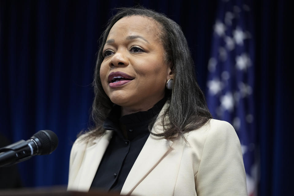 Assistant Attorney General Kristen Clarke of the Justice Department's Civil Rights Division speaks about a Department of Justice report that found the Minneapolis Police Department has engaged in a pattern or practice of discrimination during a news conference, Friday, June 16, 2023, in Minneapolis. The two-year probe found that Minneapolis officers used excessive force, including “unjustified deadly force,” and violated the rights of people engaged in constitutionally protected speech. (AP Photo/Abbie Parr)