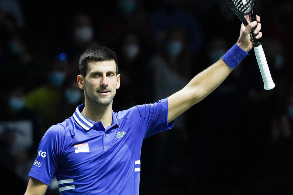 Novak Djokovic of Serbia in action during the Davis Cup Finals 2021, Semifinal 1, tennis match played between Croatia and Serbia at Madrid Arena pabilion on December 03, 2021, in Madrid, Spain.  (Photo by Oscar Gonzalez/NurPhoto via Getty Images)