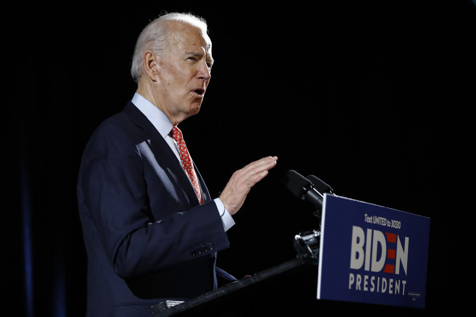 Democratic presidential candidate former Vice President Joe Biden speaks about the coronavirus Thursday, March 12, 2020, in Wilmington, De. (AP Photo/Matt Rourke)