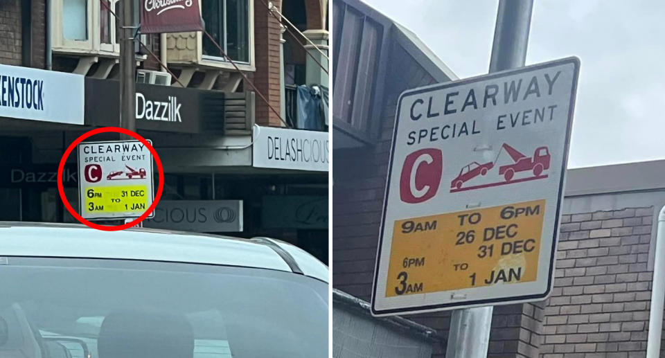 Two more signs in the area indicate that the clearway began at 6pm on December 31. Source: Supplied