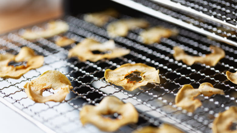 Dried apple pieces in dehydrator