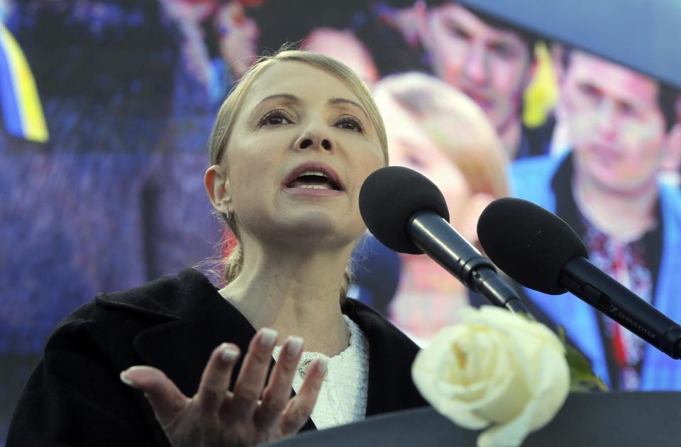 Former Ukrainian Prime Minister Yulia Tymoshenko, delivers her speech, during the Batkivshchina (Fatherland) party congress in Kiev, Ukraine, Saturday, March 29, 2014. Tymoshenko, declared this week that she will "be the candidate of Ukrainian unity." The May 25 election is taking place against the backdrop of the annexation of Crimea, Ukraine's dire economic straits and rumblings of discontent in the country's mainly Russian-speaking eastern provinces. (AP Photo/Efrem Lukatsky)