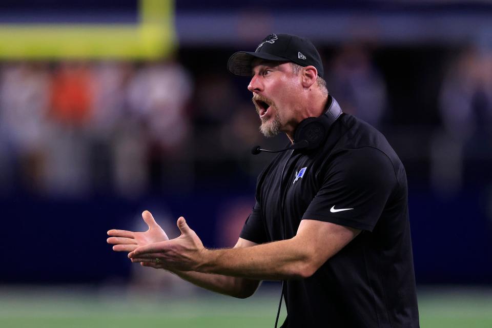 Head coach Dan Campbell of the Detroit Lions reacts to a penalty during a two point conversion attempt against the Dallas Cowboys during the fourth quarter in the game at AT&T Stadium on December 30, 2023 in Arlington, Texas.