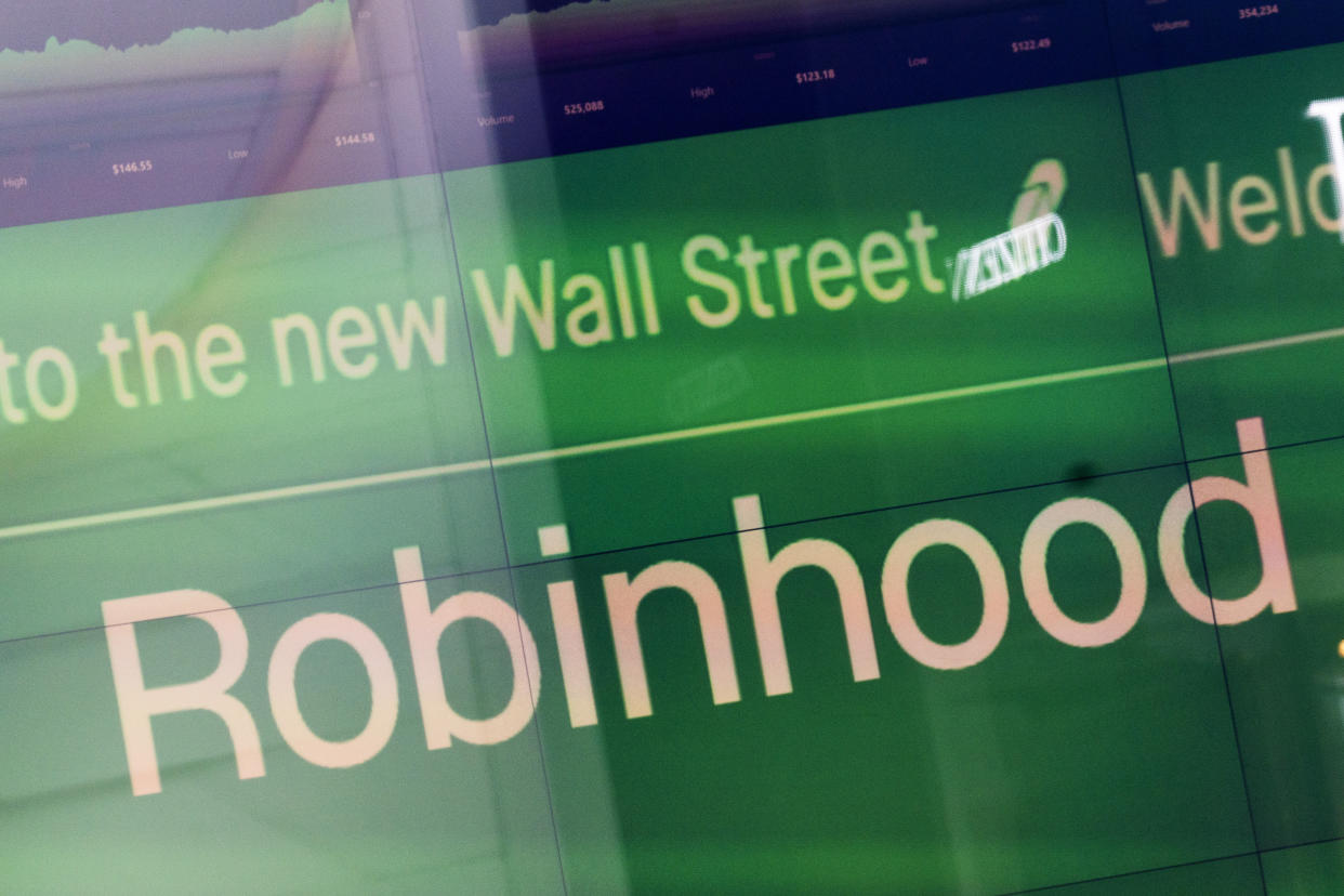 An electronic screen at Nasdaq displays Robinhood in New York's Times Square following the company's IPO last month