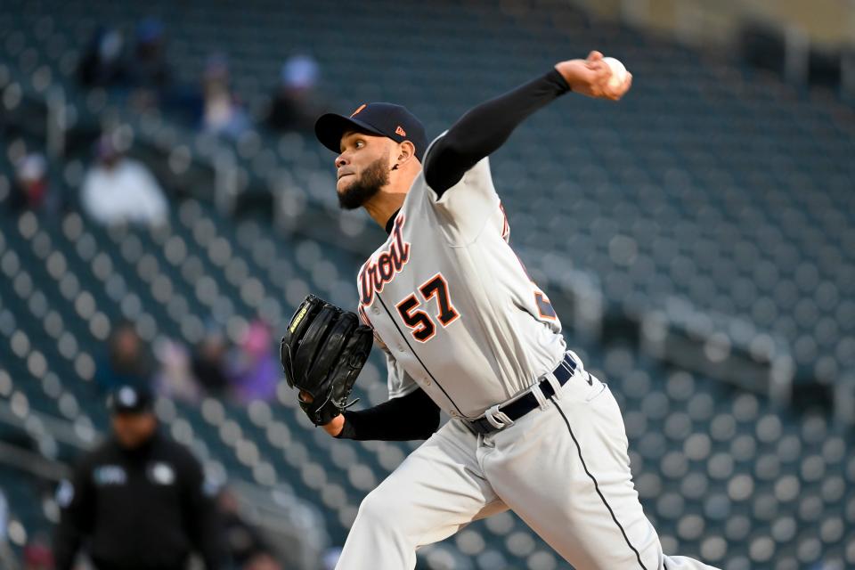 Tigers pitcher Eduardo Rodriguez throws to a Twins batter during the first inning on Tuesday, April 26, 2022, in Minneapolis.