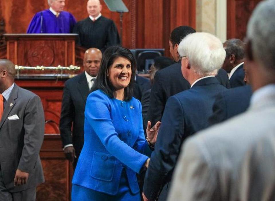 Gov. Nikki Haley leaves the House chamber after unveiling her tax-cut-for-roads plan in her State of the State address in January.
