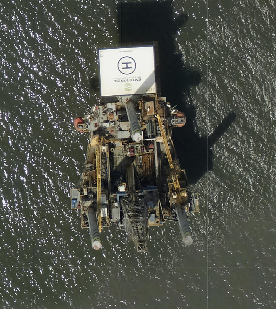 Photos captured by National Oceanic and Atmospheric Administration aircraft Tuesday, Aug. 31, 2021 and reviewed by The Associated Press a large rig marked with the name Enterprise Offshore Drilling is seen. The company, based in Houston, did not immediately respond to requests for comment by phone or email on Wednesday. EPA officials said Wednesday hey were unaware of any leak requiring a federal response. (NOAA via AP)